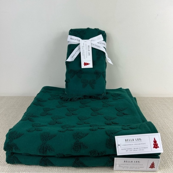 Bella Lux Bathroom Towel Set Christmas Collection Green Bows Cotton Set of 4 NEW - Picture 2 of 11